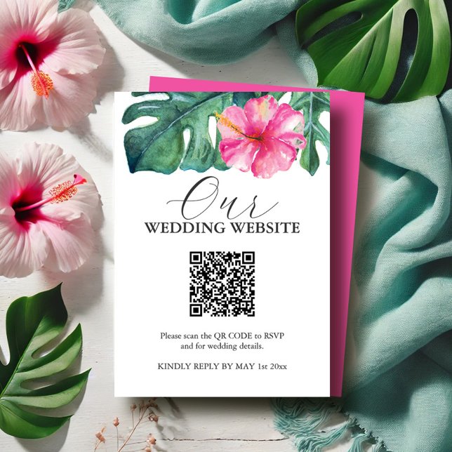 Tropical Hibiscus Flower Wedding Enclosure Cards (Wedding details insert card watercolor tropical art by Victoria Grigaliunas of Do Tell A Belle)