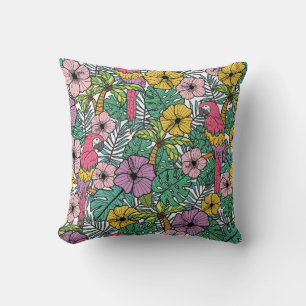 Tropical hibiscus flower with palm, parrots and ex cushion