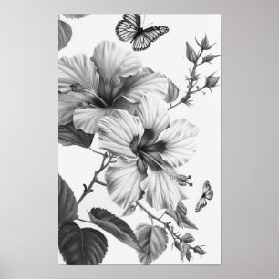Tropical Hibiscus Flowers and Butterflies Poster
