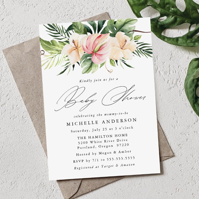 Tropical Hibiscus Flowers and Leaves Baby Shower Invitation (Creator Uploaded)