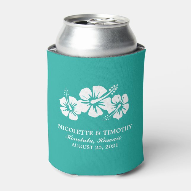 Tropical Hibiscus Flowers | Dark Teal Wedding Can Cooler (Can Front)