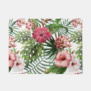 Tropical hibiscus flowers foliage pattern doormat