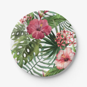 Tropical hibiscus flowers foliage pattern paper plate