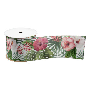 Tropical hibiscus flowers foliage pattern satin ribbon