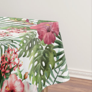 Tropical hibiscus flowers foliage pattern tablecloth