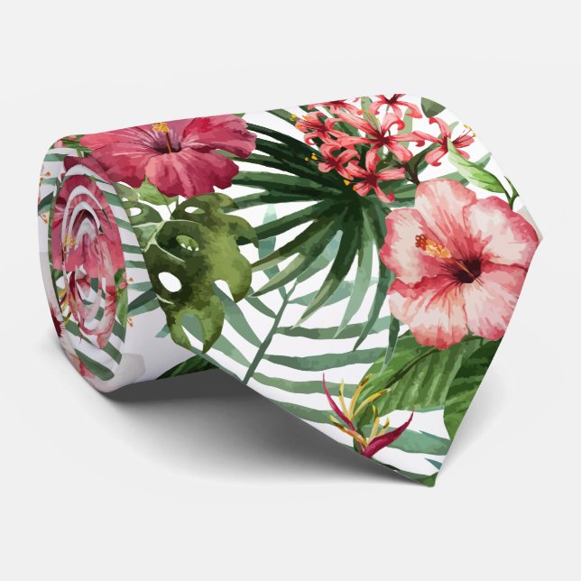 Tropical hibiscus flowers foliage pattern tie (Rolled)