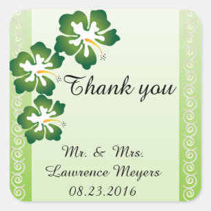 Tropical Hibiscus Flowers Green Square Sticker