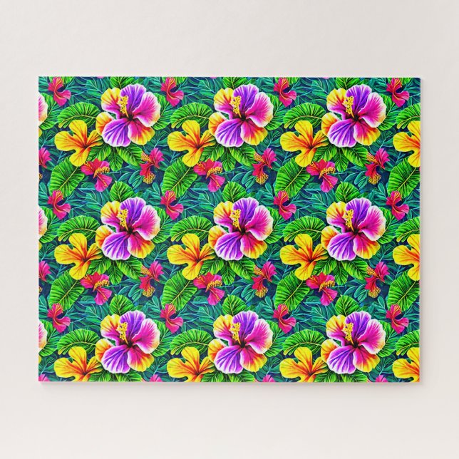 Tropical Hibiscus Flowers & Jungle Leaves Jigsaw Puzzle (Horizontal)