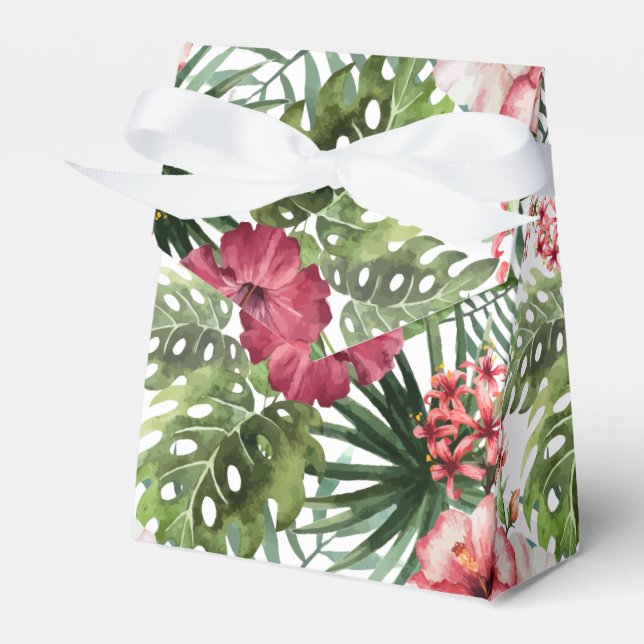 Tropical hibiscus flowers leaves foliage pattern favour box (Front Side)