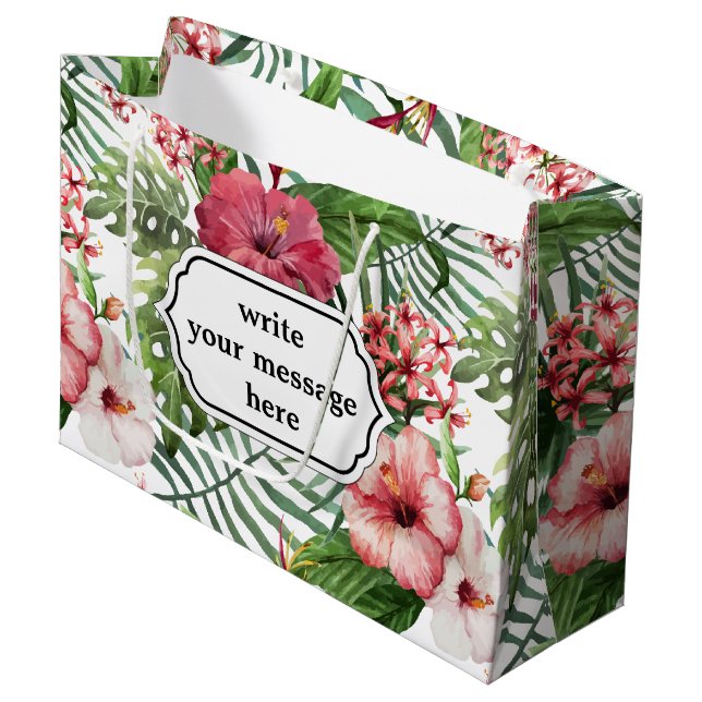 Tropical hibiscus flowers leaves foliage pattern large gift bag (Front Angled)