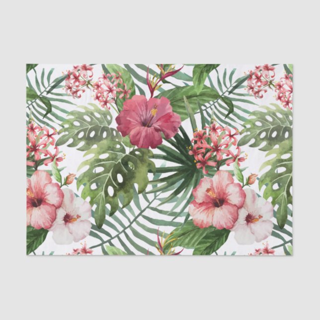 Tropical hibiscus flowers leaves foliage pattern tissue paper (Front)