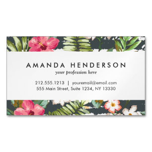 Tropical Hibiscus Flowers Leaves Stripes Pattern Magnetic Business Card