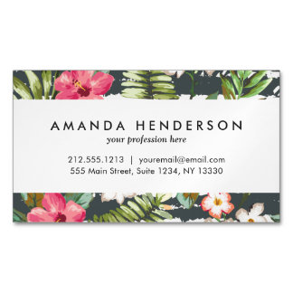 Tropical Hibiscus Flowers Leaves Stripes Pattern Magnetic Business Card