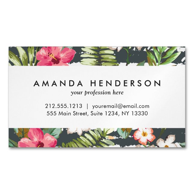 Tropical Hibiscus Flowers Leaves Stripes Pattern Magnetic Business Card (Front)