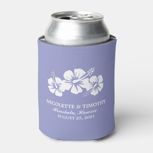 Tropical Hibiscus Flowers | Lilac Purple Wedding Can Cooler (Can Front)