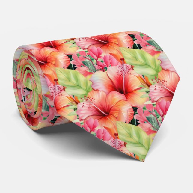 Tropical Hibiscus Flowers Summer Neck Tie (Rolled)