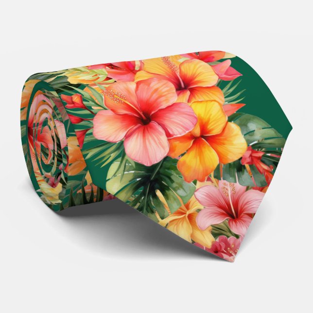 Tropical Hibiscus Flowers Summer Neck Tie (Rolled)