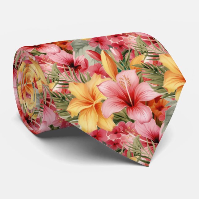 Tropical Hibiscus Flowers Summer Neck Tie (Rolled)