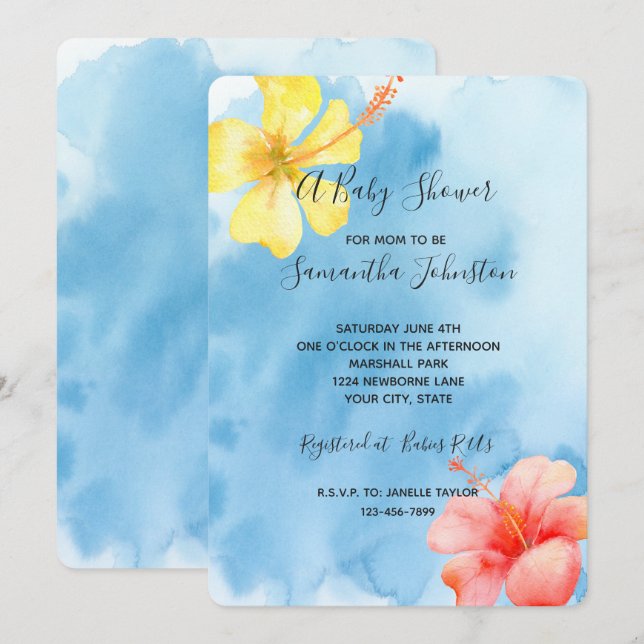 Tropical Hibiscus Flowers Watercolor Baby Shower Invitation (Front/Back)