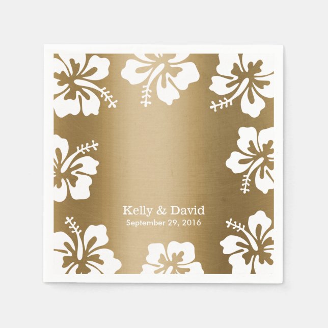 Tropical Hibiscus Gold Background Elegant Wedding Napkin (Front)