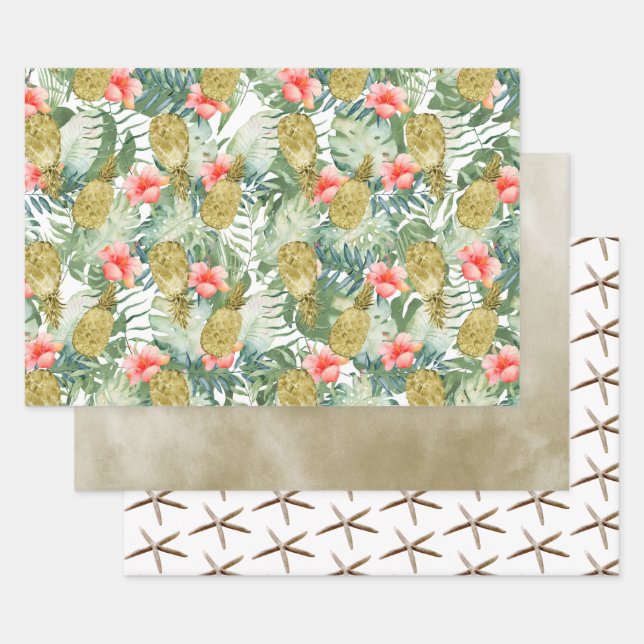 Tropical Hibiscus Gold Pineapples Floral Wrapping Paper Sheet (Set)