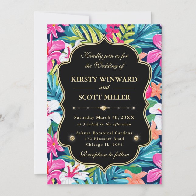 Tropical Hibiscus Gold Wedding Invitation (Front)
