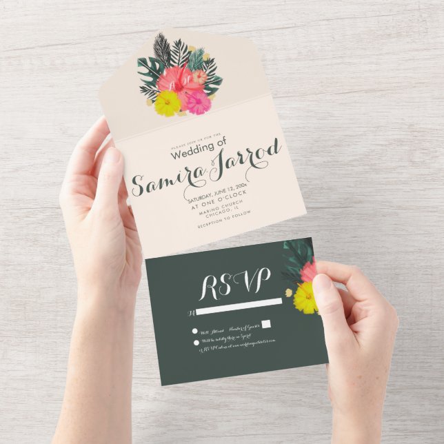 Tropical Hibiscus Hand Drawn Summer Wedding All In One Invitation (Tearaway)