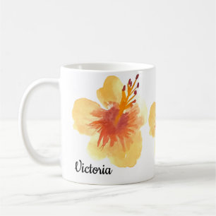 Tropical Hibiscus Hand Watercolor Mom Name Coffee Mug