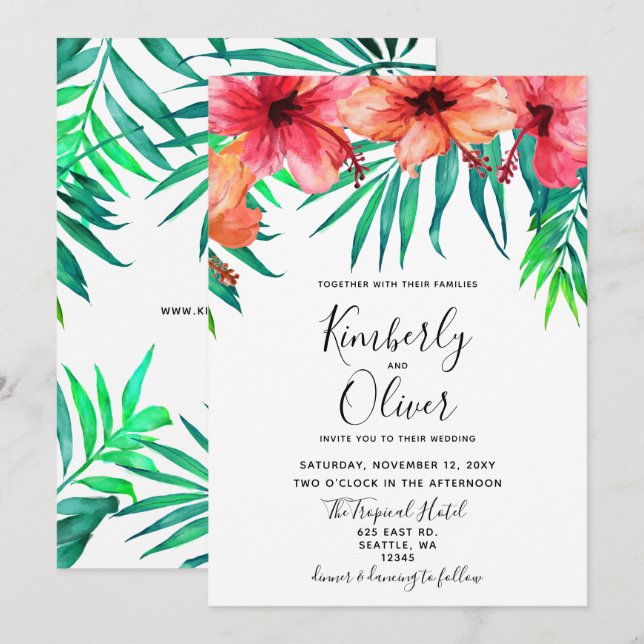 Tropical Hibiscus Hawaiian Beach Wedding Invitation (Front/Back)