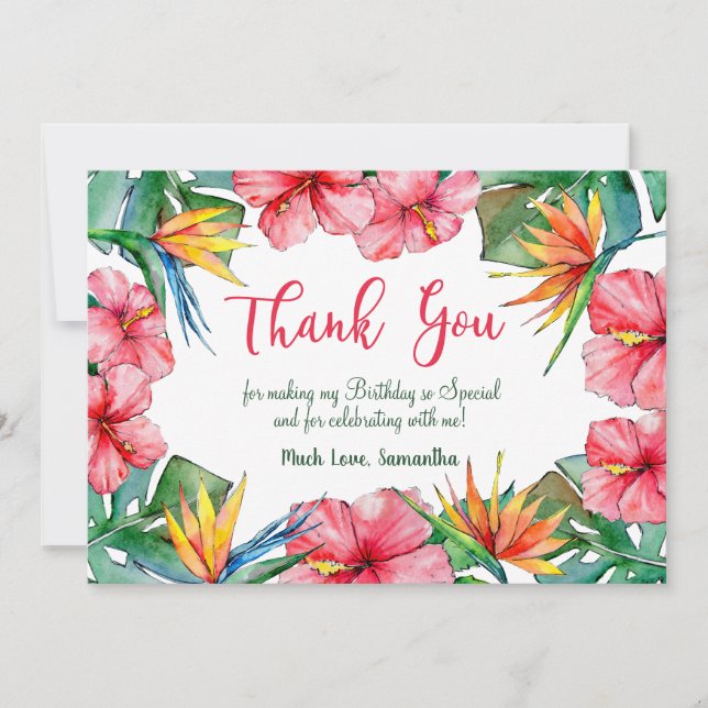 Tropical Hibiscus Hawaiian Birthday Thank You Card (Front)