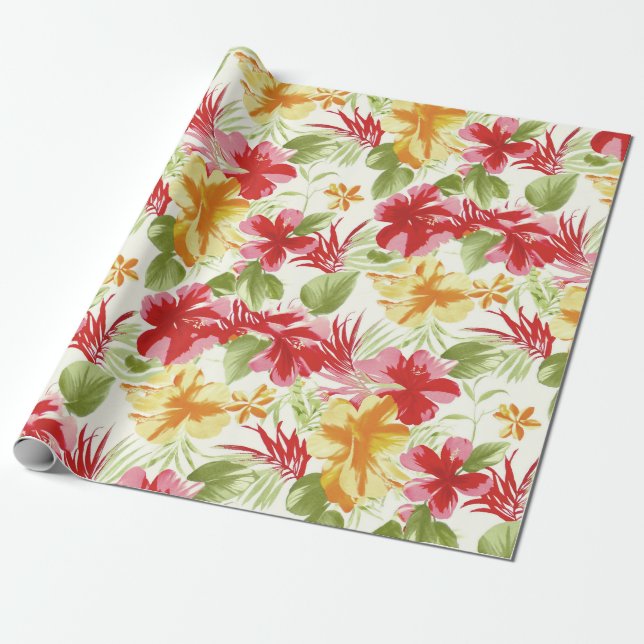 Tropical Hibiscus Hawaiian Floral Wrapping Paper (Unrolled)