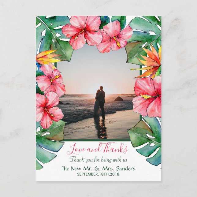 Tropical Hibiscus Hawaiian Photo Wedding Thank You Postcard (Front)