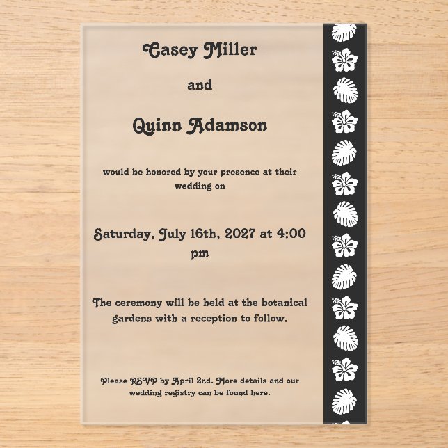 Tropical Hibiscus in Black Acrylic Wedding  Invitations (Front)