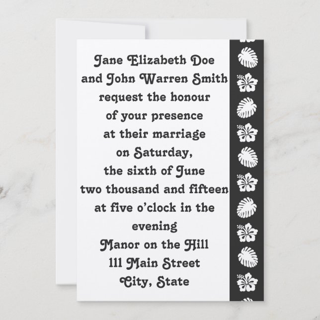 Tropical Hibiscus in Black Wedding Invitation (Front)