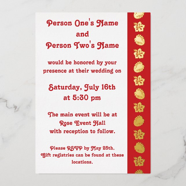 Tropical Hibiscus in Cherry Foil Invitation (Front)