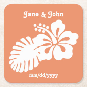 Tropical Hibiscus in Coral Paper Coaster