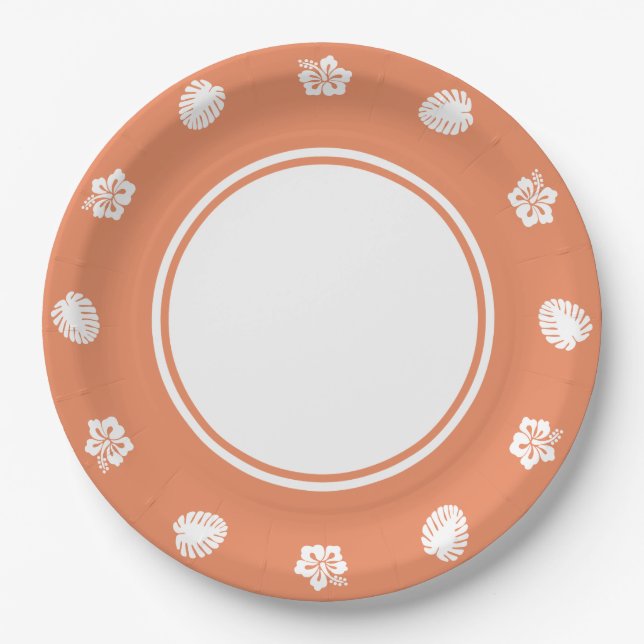 Tropical Hibiscus in Coral Paper Plate (Front)