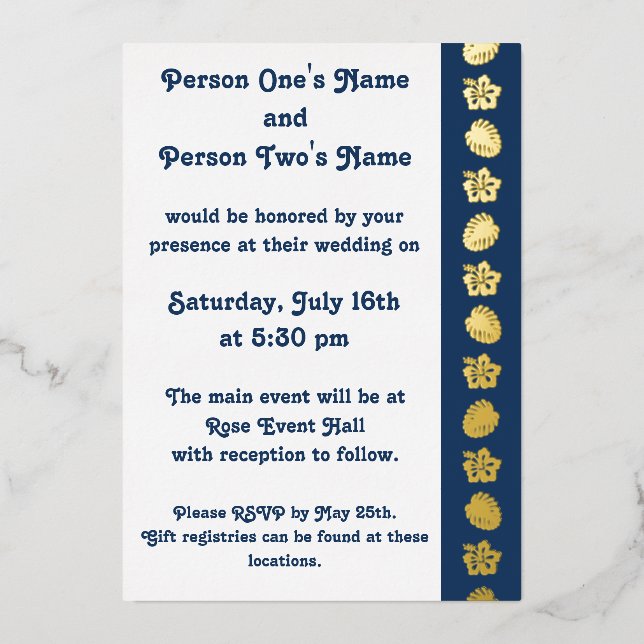Tropical Hibiscus in Navy Foil Invitation (Front)