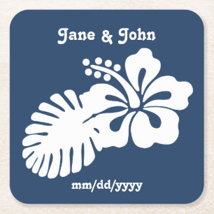 Tropical Hibiscus in Navy Paper Coaster