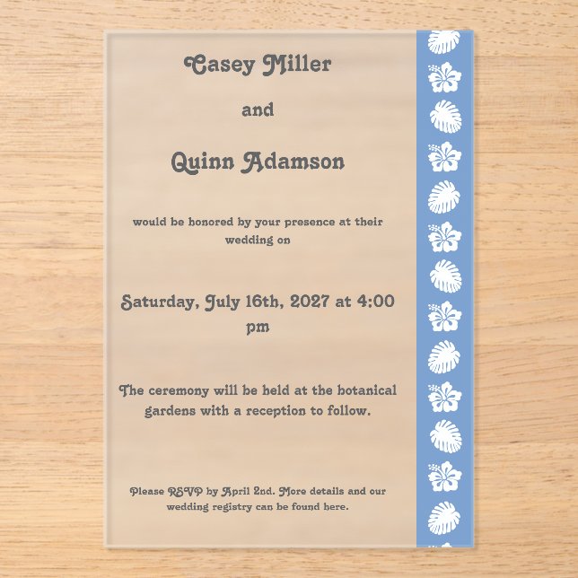 Tropical Hibiscus in Periwinkle Acrylic Wedding  Invitations (Front)
