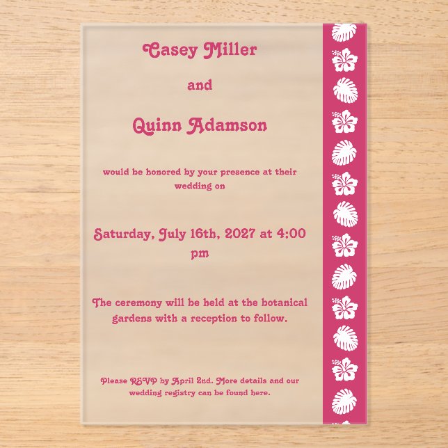 Tropical Hibiscus in Raspberry Acrylic Wedding  Invitations (Front)