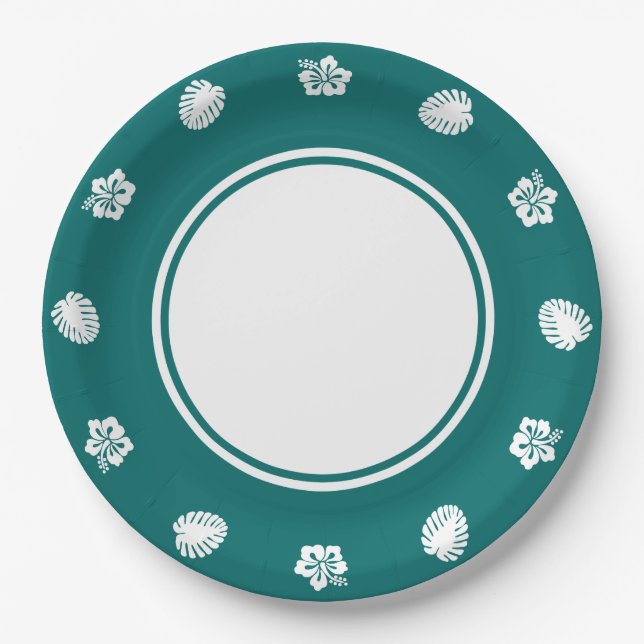 Tropical Hibiscus in Teal Paper Plate (Front)