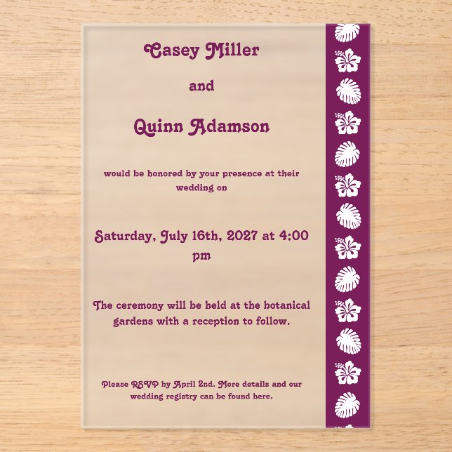 Tropical Hibiscus in Wine Acrylic Wedding  Invitations (Front)