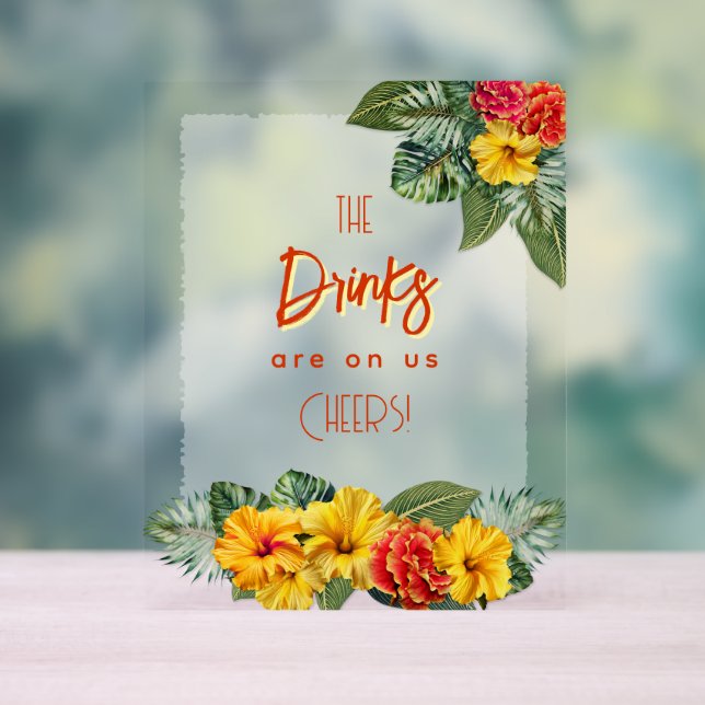 Tropical Hibiscus Luau Open Bar Acrylic Sign (Neutral)