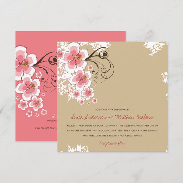 Tropical Hibiscus Luau Pink Beach Wedding Invite (Front/Back)