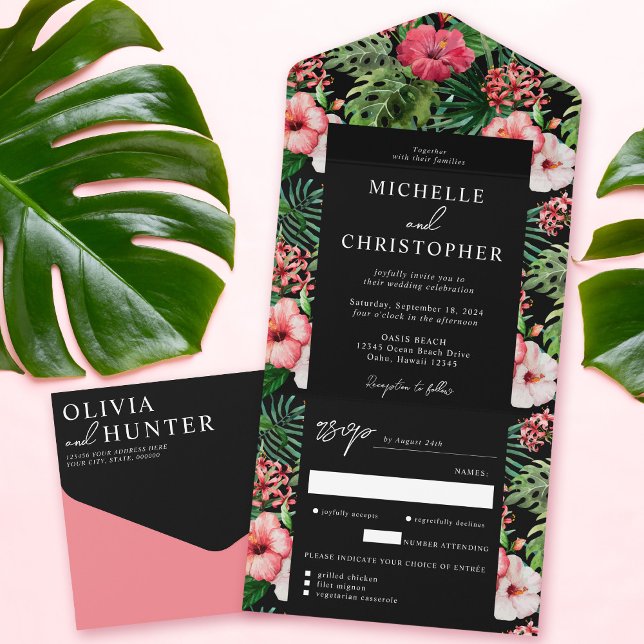 Tropical Hibiscus Modern Wedding Black All In One Invitation (Creator Uploaded)
