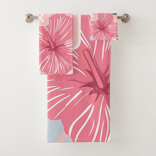 Tropical Hibiscus Monogram personalised Bath Towel Set (Insitu)
