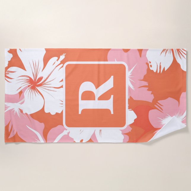 Tropical Hibiscus Monogram personalised Beach Towel (Front)