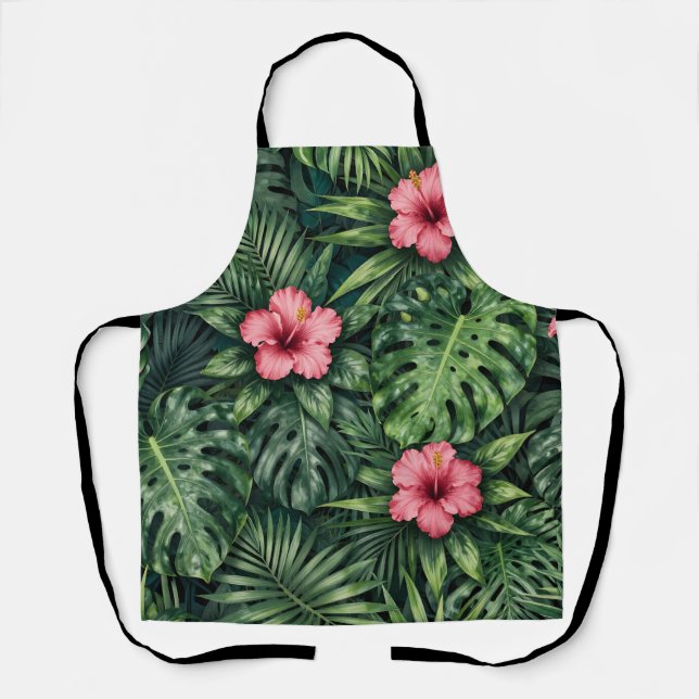 Tropical Hibiscus Monstera Jungle Pattern Apron (Front)