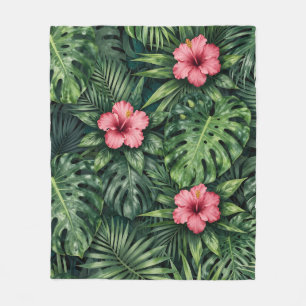 Tropical Hibiscus Monstera Jungle Pattern Fleece Blanket